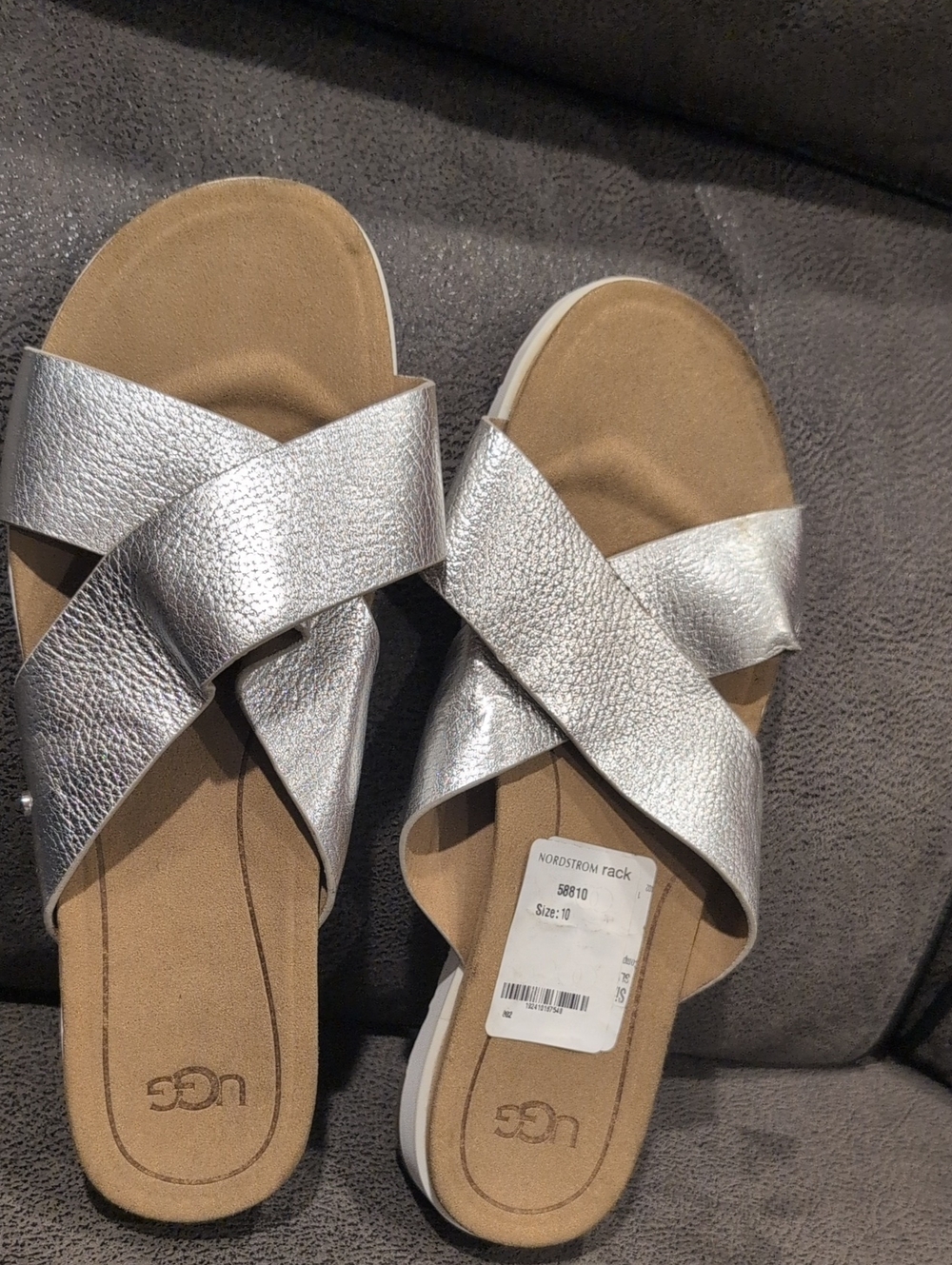 UGG Metallic Silver Crisscross Slide Sandals - Women's